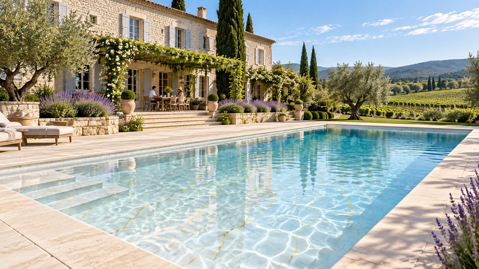 Gold-veined pool liner appearance in a sunlit villa pool