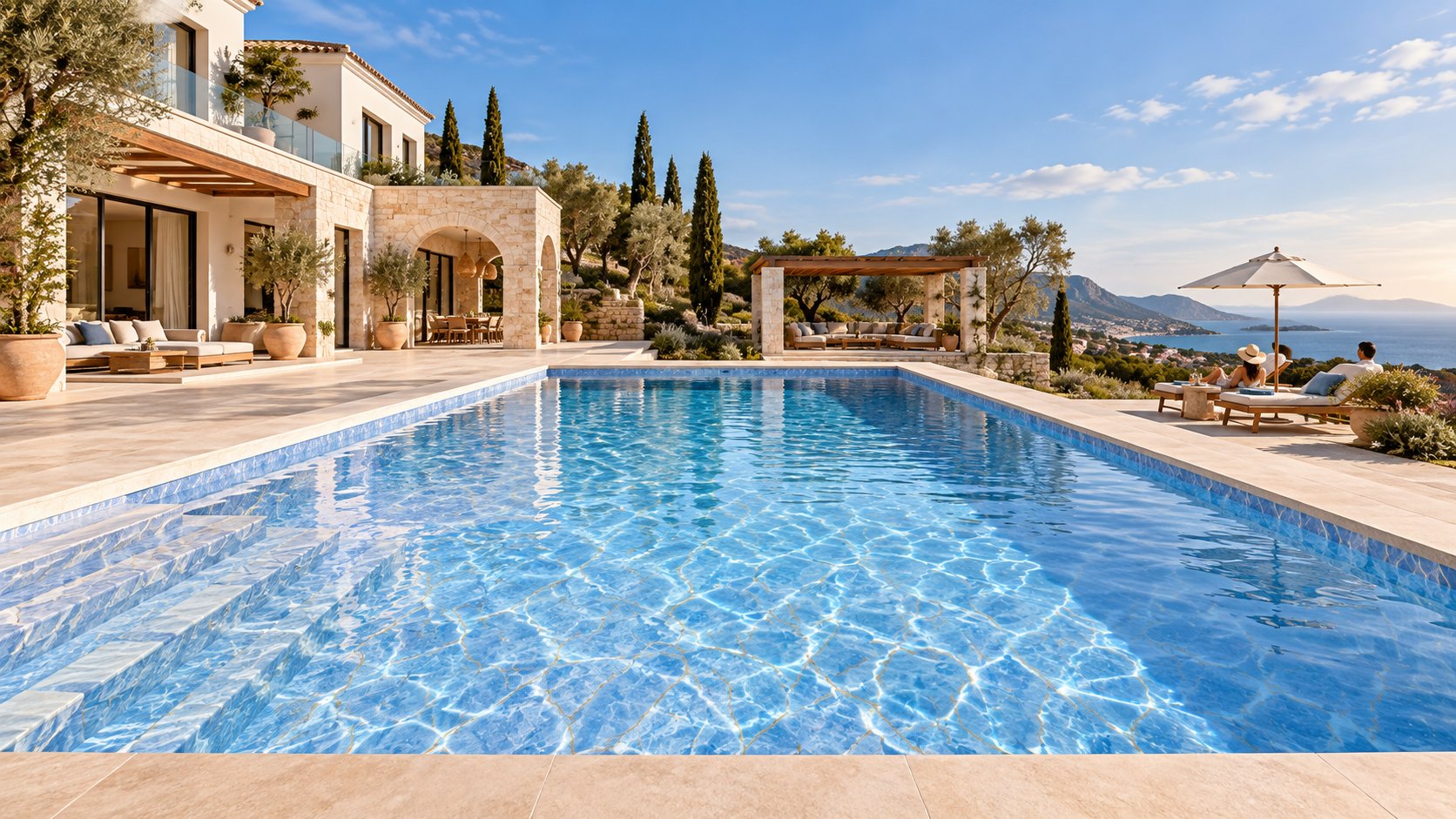 A sunlit Mediterranean-style villa and pool overlooking the coast
