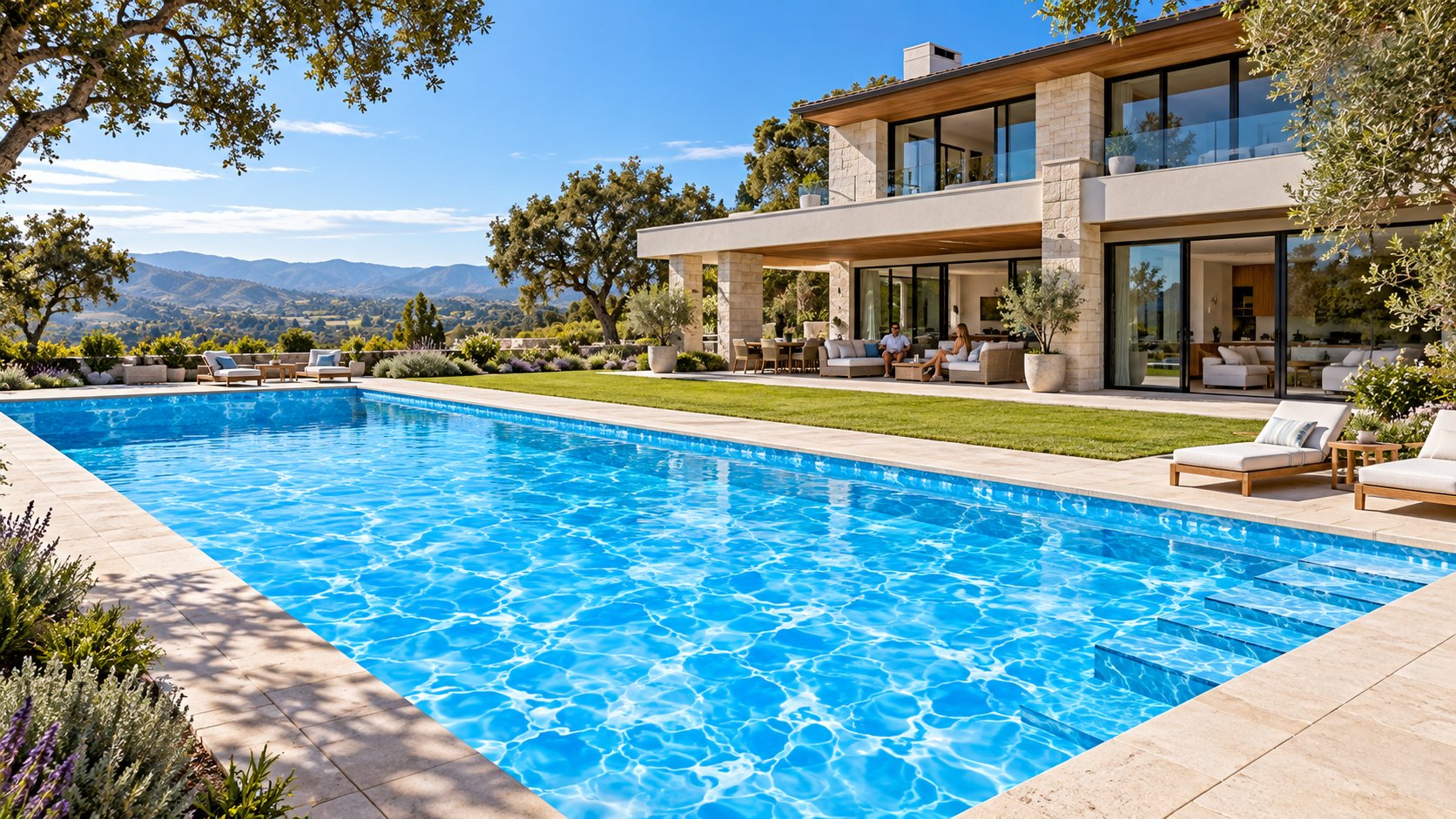 A bright blue swimming pool beside a contemporary stone villa